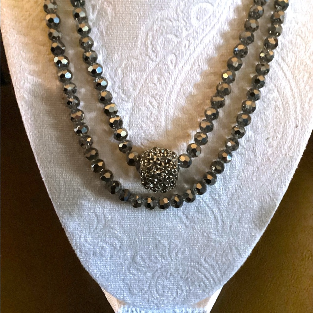 Silver Hematite Beaded Double-Strand Necklace with Pave Accent
